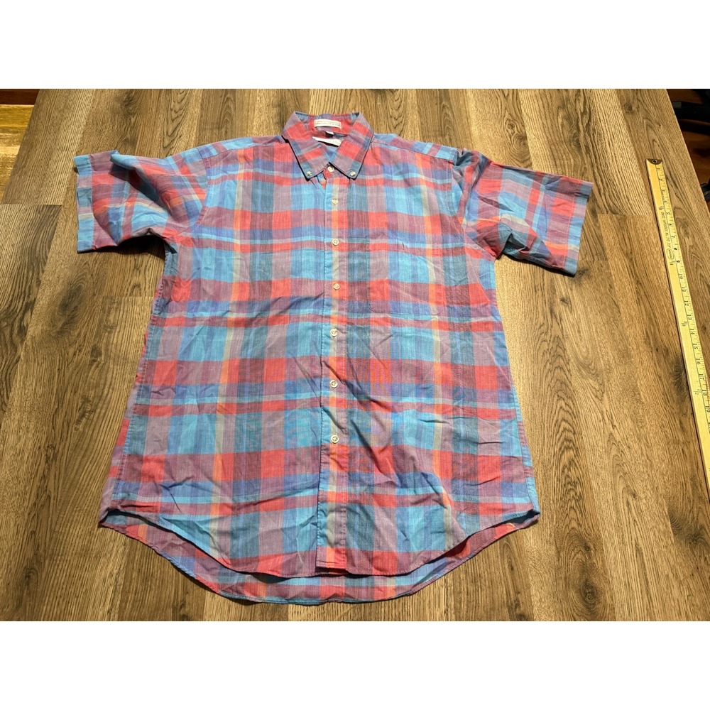 Christian Dior Shirt Mens Size L Blue Red Plaid Short Sleeve Button Down Vintage